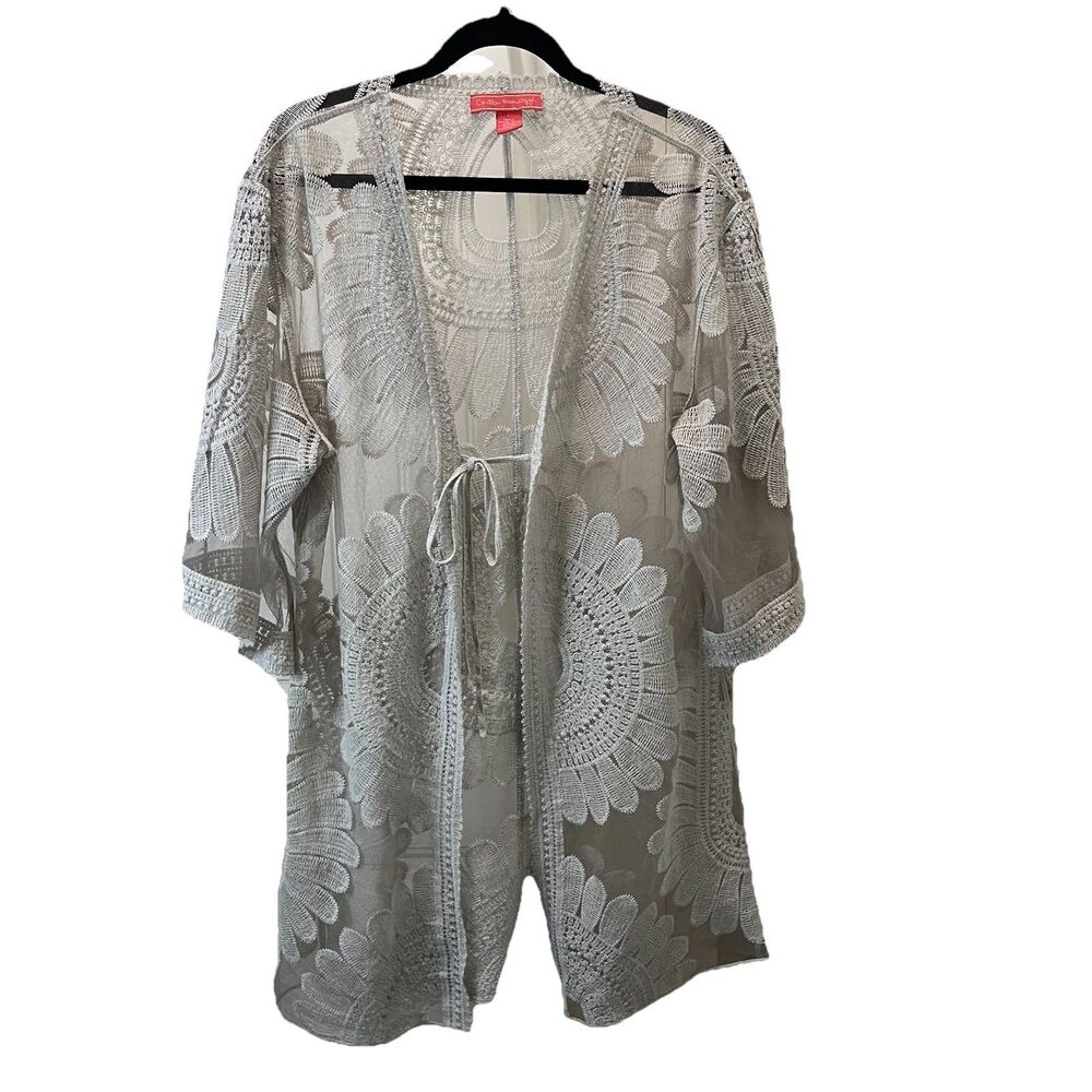 Csilla Somogyi Lace Tie Front Kimono Cover Up Gray Romantic Floral Womens Size L